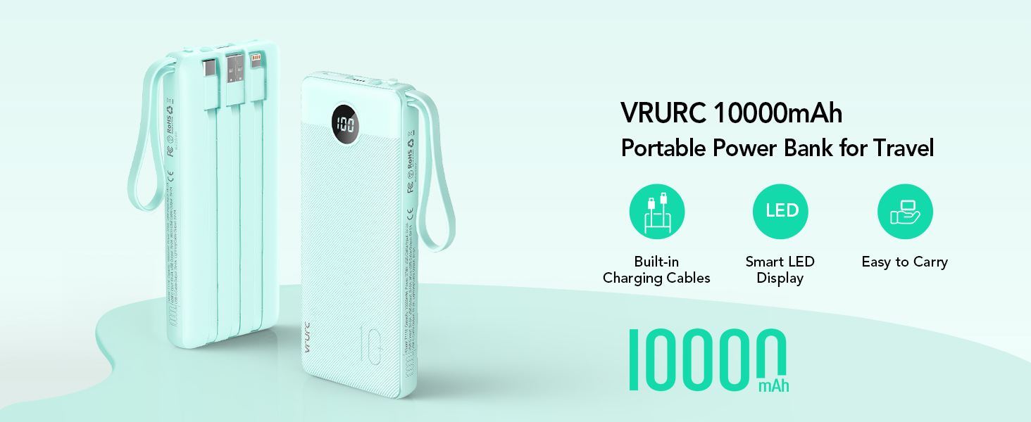 Повербанк VRURC 10000mAh з кабелем, LED-дисплей, 5 виходів, 2 входи, USB C, зелений, для смартфонів