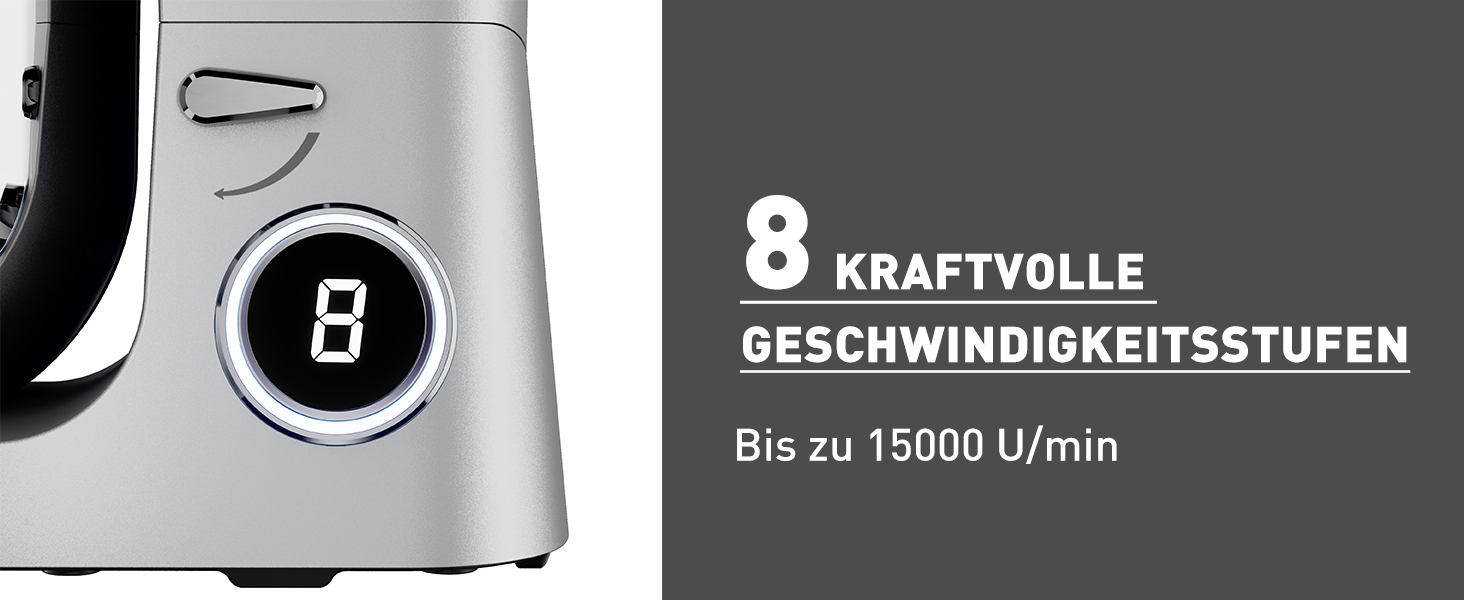 Кухонна машина Heinrichs 2500W з подвійним гаком для тіста, міксером та вінчиком, 8 швидкостей, чаша 8л з нержавіючої сталі, тиха, колір