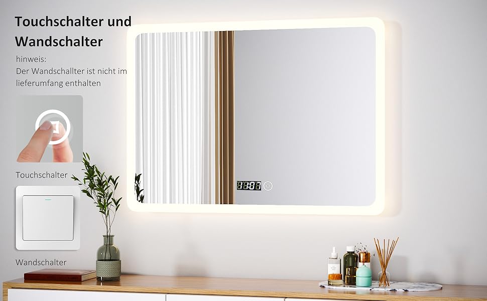 Дзеркало для ванної кімнати з підсвічуванням та годинником Boromal, 80x60 см, диммування, 3 кольори світла (3000-6500K), 2940LM