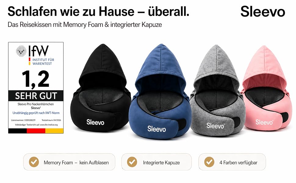 Ергономічна подушка для подорожей з ефектом пам'яті (Memory Foam) та капюшоном-маскою для сну, сіра (розмір M) — для літака, поїзда та авто