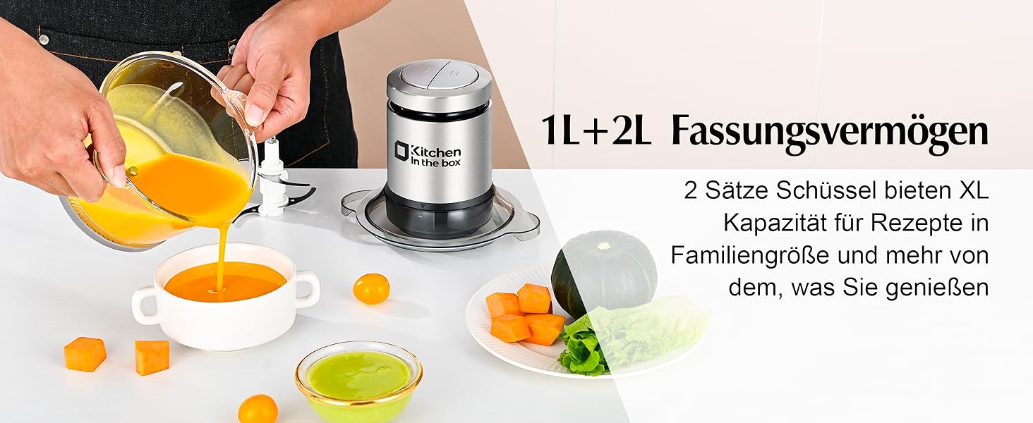 Електричний подрібнювач для кухні Kitchen in the Box 400W з 2 чашами (2L+2L) та двосторонніми лезами з нержавіючої сталі. Подрібнювач для м'яса, овочів, цибулі, фруктів срібного кольору.