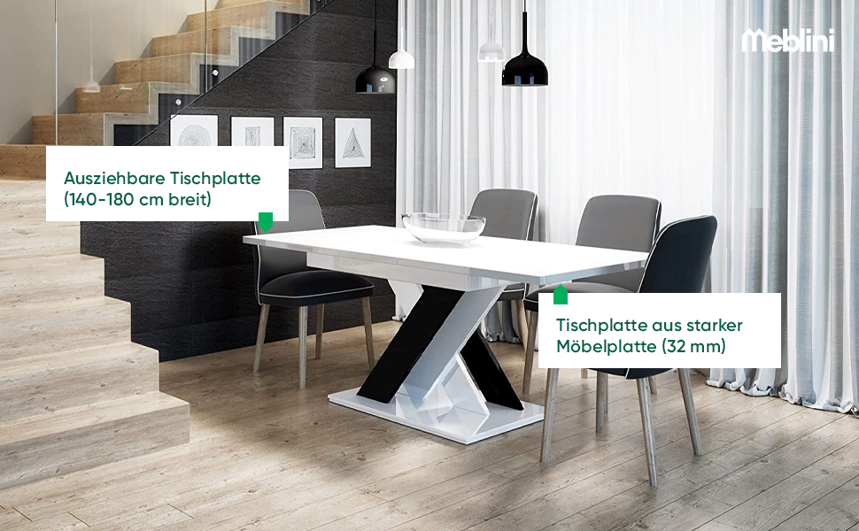 Обідній стіл MebleIni Bronx розсувний, 140-180x80x75 см, білий глянцевий