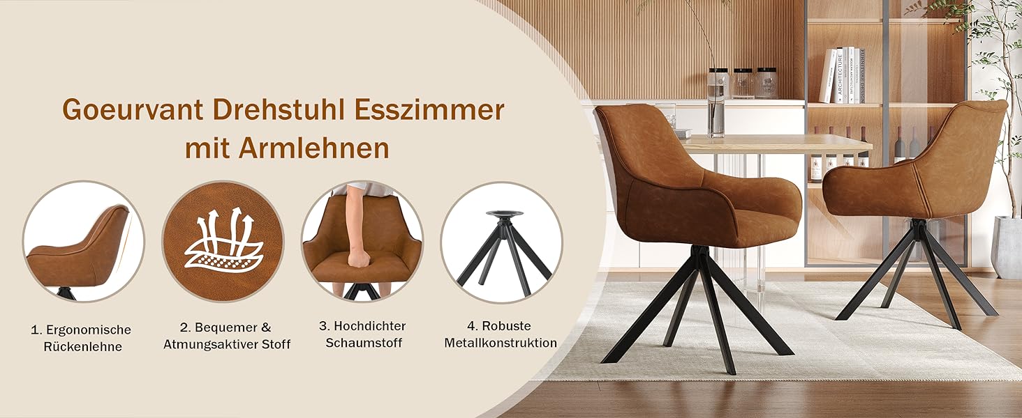 Обідні стільці поворотні, набір 4 шт. з підлокітниками, коричневі. Сучасні стільці для кухні, вітальні, офісу з металевим каркасом та спинкою. Зручні, з м'яким сидінням з льону.