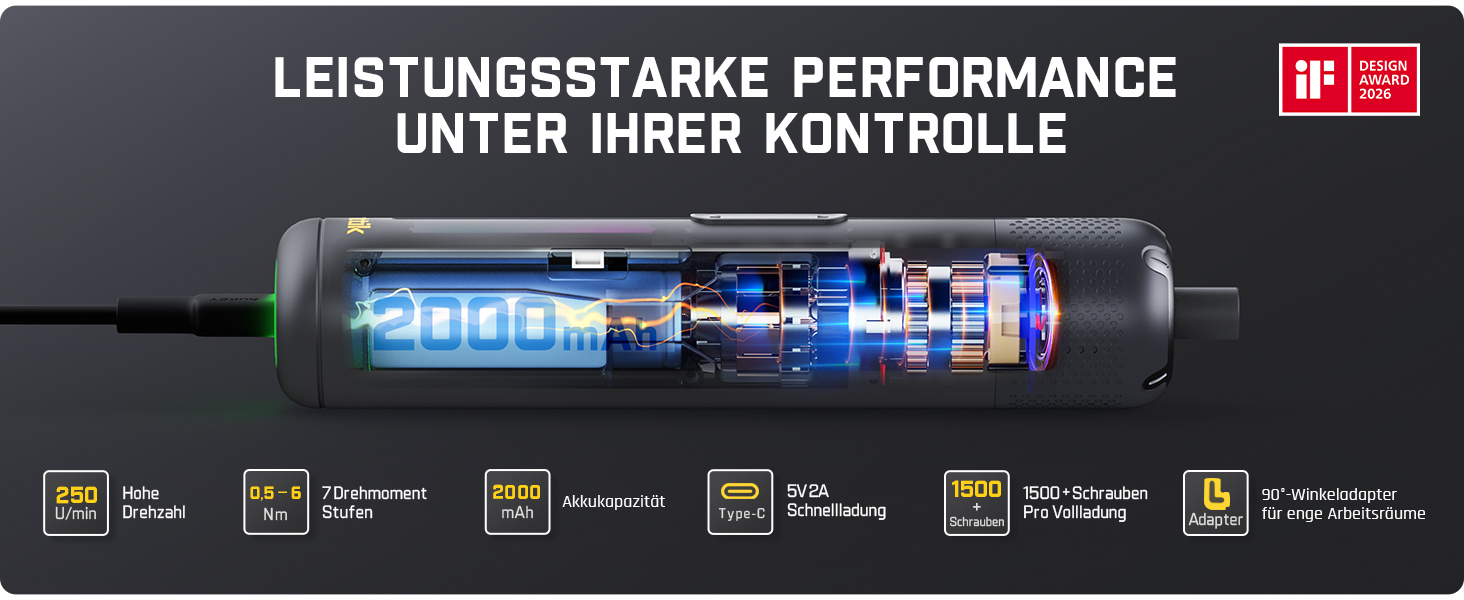 Акумуляторний шуруповерт Fanttik S2 Pro 3.7V, 7 моментів (0.5-6 Нм), 20 біт, адаптер 90°, для меблів та ремонту