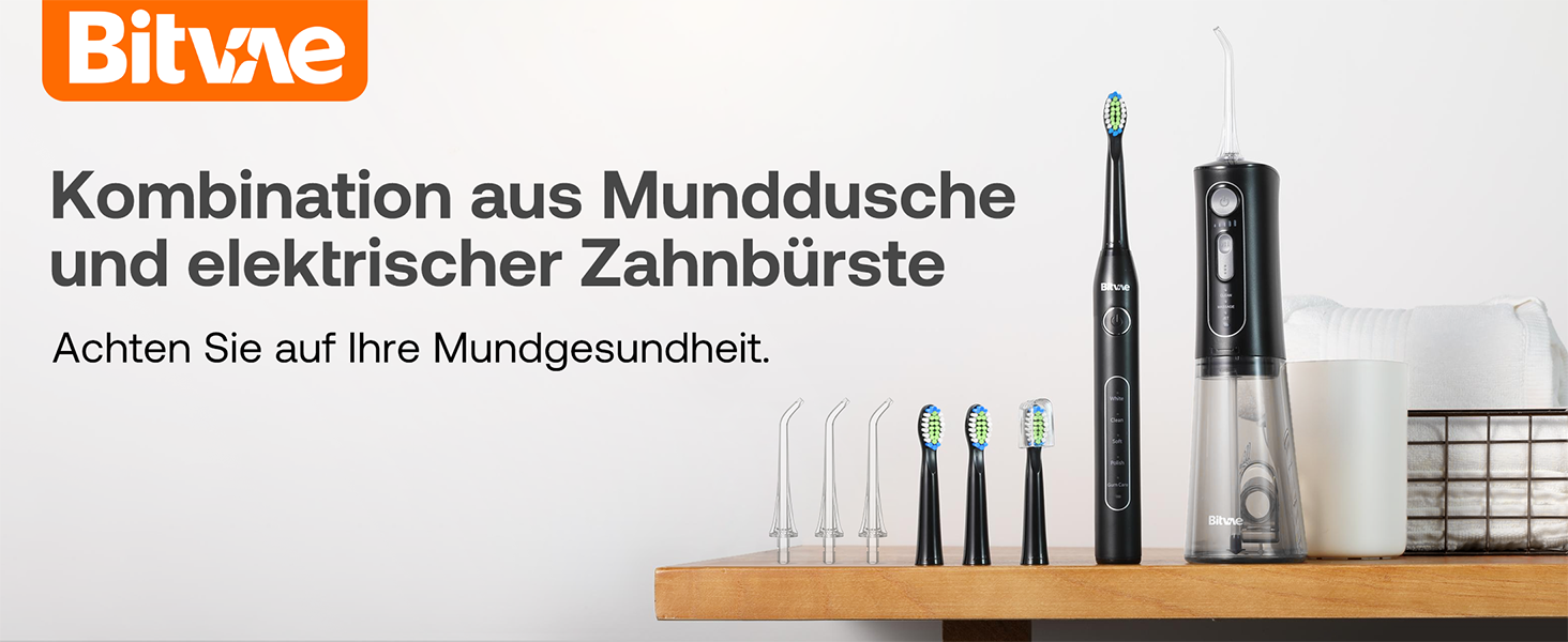 Набір для гігієни порожнини рота Bitvae: мундштук та електрична зубна щітка, 3 режими, 5 рівнів тиску, бездротовий, з 4 насадками для щітки та 4 насадками для мундштука, чорний