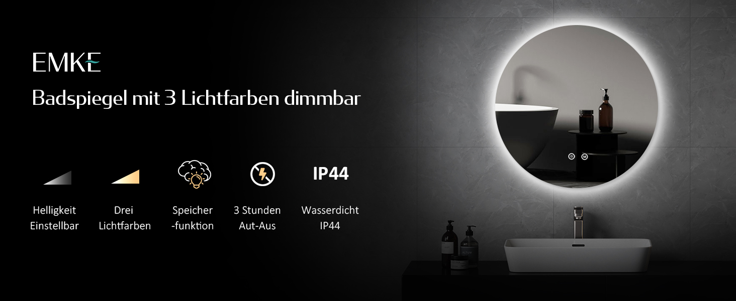 Дзеркало для ванної кімнати EMKE з підсвічуванням, діаметр 50 см, регулювання яскравості, функція пам'яті, IP44, енергозбереження, 3 кольори світла, 80x80 см