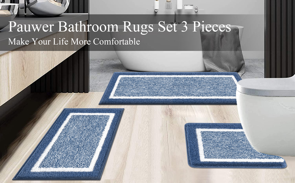 М'який килимок для ванної кімнати Pauwer, комплект з 3 шт., мікрофібра, вбираючий, антиковзаючий, синій (45x65 + 45x120 + 50x60 см)