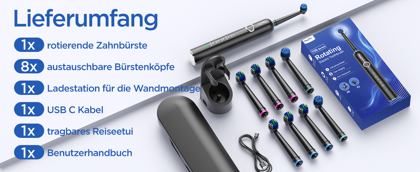Електрична зубна щітка ротаційного типу для дорослих та дітей з 8 насадок, зарядний станція з кріпленням на стіну, 5 режимів чищення та дорожній футляр, 60 днів роботи від акумулятора, чорний