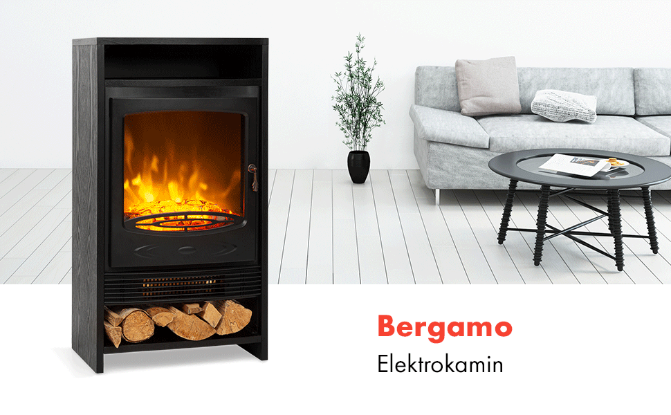 Електрокамін Klarstein Bergamo, 900/1800 Вт, 2 режими обігріву, з термостатом, LED-ефектом полум'я, регульованою яскравістю, чорний, імітація дерева