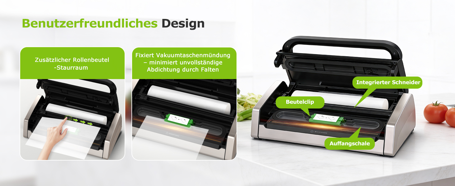 Вакууматор Bonsenkitchen для продуктів, потужний вакуумний пакувальник (15л/хв) з вбудованим різаком та ручкою-фіксатором, чорний
