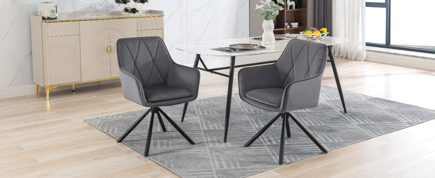 Набір обідніх стільців Lestarain 4 шт., поворотні, для кухні, спальні, вітальні, м'які з підлокітниками та спинкою, металеві ніжки, оксамит, темно-сірий