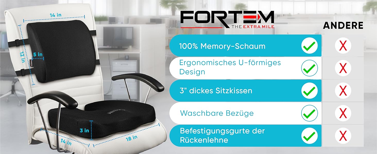 Подушка для сидіння та підтримки попереку FORTEM - м'яка, з Memory Foam, для офісного крісла, авто, геймінгу, чорна, велюр