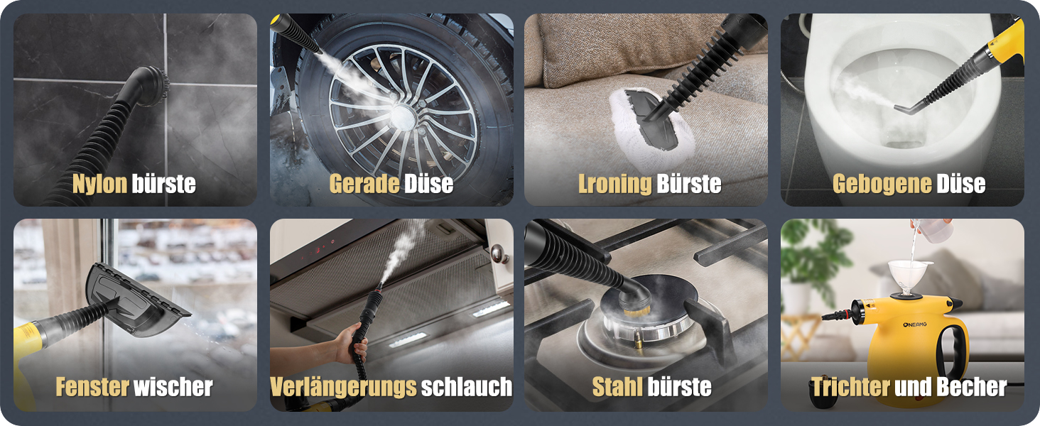 Портативний пароочисник 450 мл з 10 насадками та блокуванням безпеки. Швидкий нагрів. Універсальний пароочисник для дому, авто, кухні та підлоги.