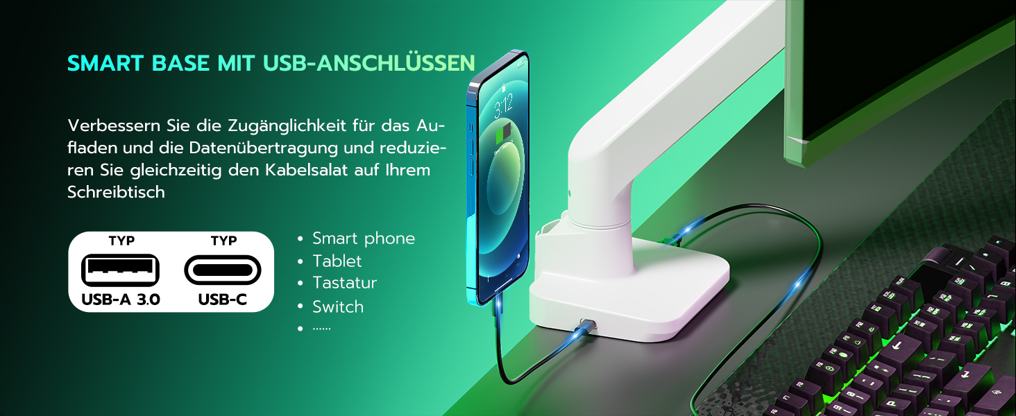 Кріплення для монітора ARES WING з USB A/C, кріплення для монітора 17-49 дюймів, підставка для монітора з газовою пружиною, VESA 75/100 мм, білий