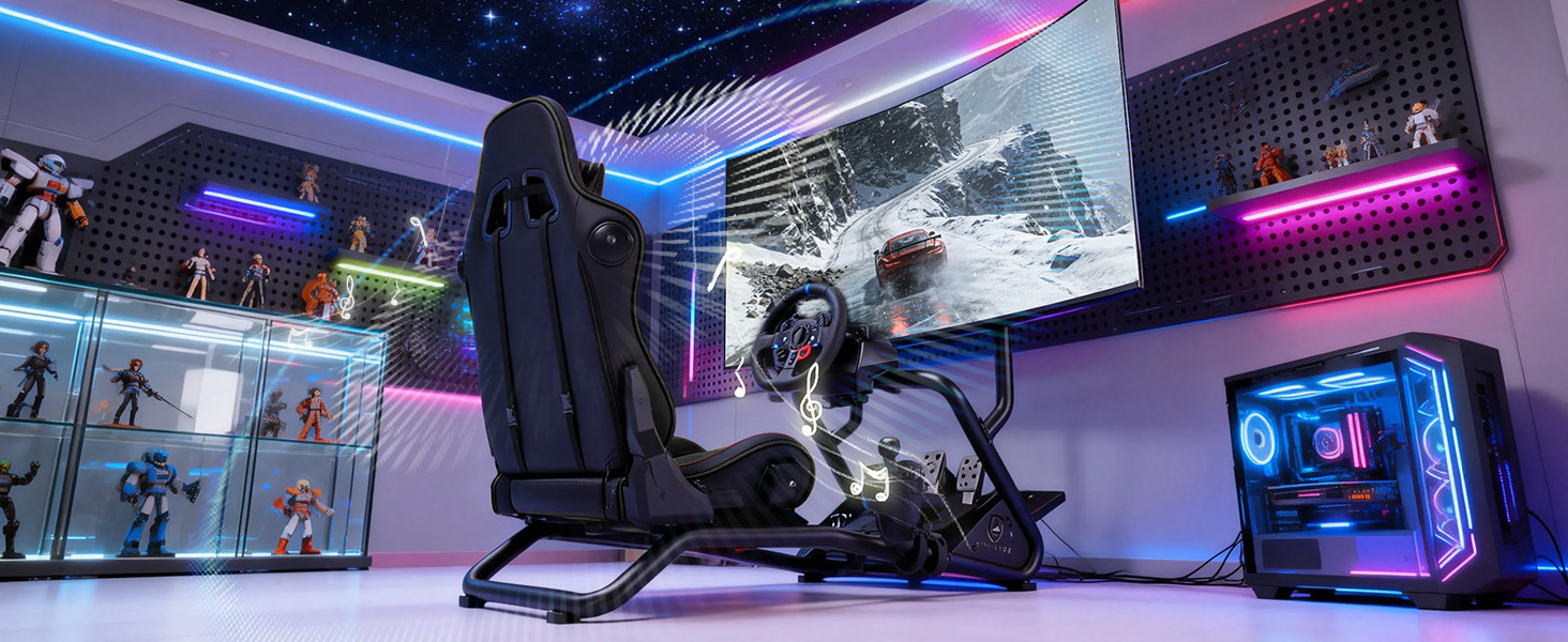 Ігровий симулятор GTPLAYER Simulator Cockpit: стійка для керма з 3D-стереодинаміками, тримачем для монітора, педалей та важеля КПП, регульована, чорна