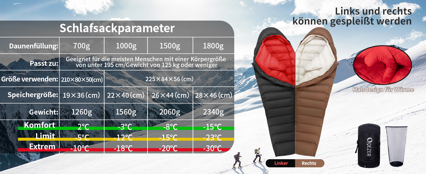 Зимовий спальний мішок для кемпінгу та альпінізму, пуховий (-10°C до -20°C), преміум пух 660 FP, чорний, 1000 г наповнювача