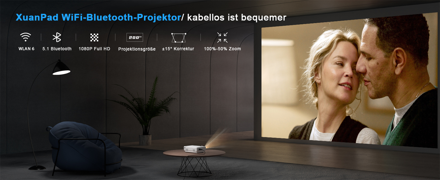 Міні проектор XuanPad A--19000L: WiFi, Bluetooth, 19000 люмен, 1080P HD, для домашнього кінотеатру, сумісний з TV Stick, HDMI, USB, AV, Laptop, iPhone, Android