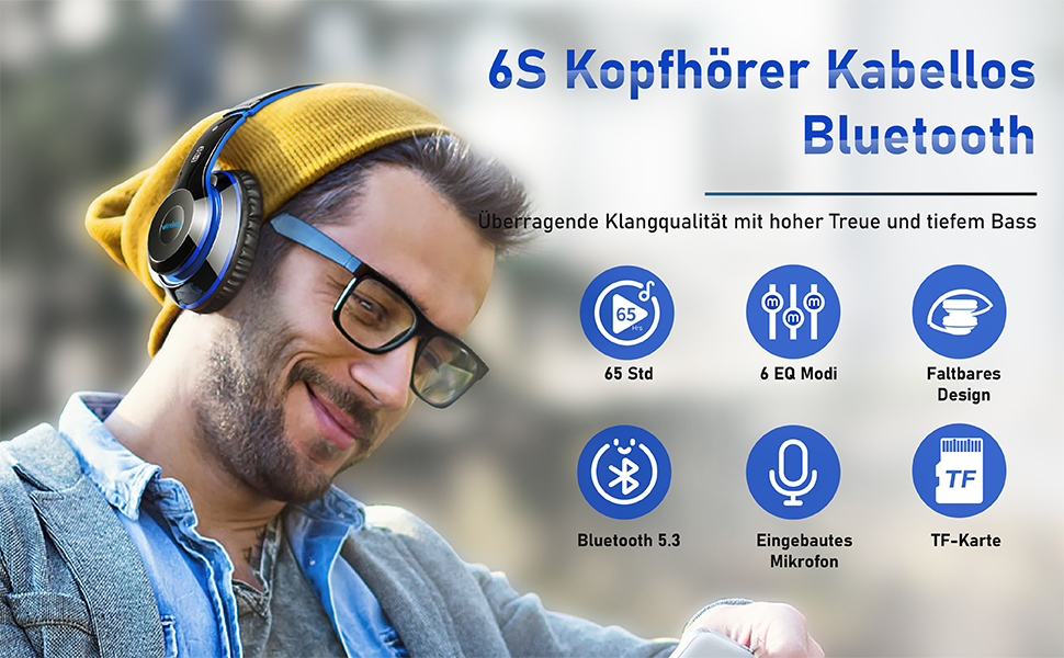 Накладні Bluetooth-навушники Lankey Sound, 6 режимів еквалайзера, 65 годин, HD-мікрофон, FM, SD/TF, Чорний синій