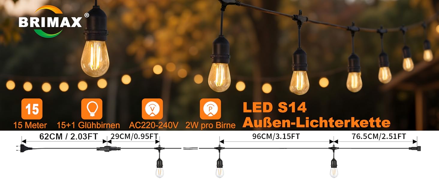 BRIMAX LED гірлянда для вулиці, 30 метрів, AC220-240V, IP44, 46+4 лампочки G40 E12 1W, 2200K тепле біле світло, розширювана, для кемпінгу, ярмарку, саду, вечірки