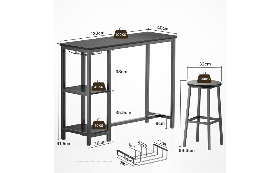 Набір барних столів Bealife з табуретами, полицями та тримачем для скла для кухні/вітальні/їдальні (чорний)