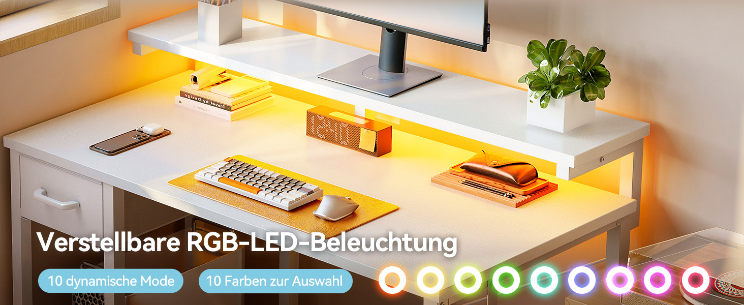 Ігровий стіл Coleshome з LED підсвіткою та висувною шухлядою, 100x45x74.5 см (білий) - Комп'ютерний стіл для офісу, геймінгу, дому