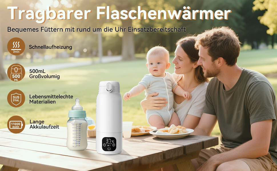 Портативний підігрівач для пляшечок з дитячим харчуванням, 500 мл – швидкий нагрів за 3 хв, тривалий час роботи акумулятора, підтримання температури до 24 год для грудного молока, суміші та води (Сніжно-білий)