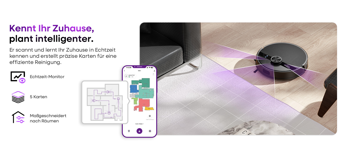 Робот-пилосос MONSGA з функцією миття, 5000Pa, час роботи 180 хв, система захисту від ковтунів, LiDAR навігація, для килимів та шерсті тварин, керування через додаток та пульт (чорний)