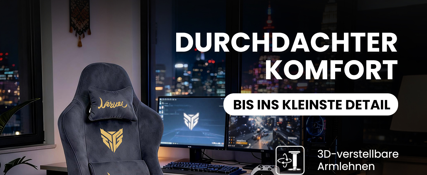 Ігрове крісло Gamer Sessel для геймерів, замша, 3D-підлокітники, з підніжкою та підтримкою попереку, до 220 кг, темно-сіре, XXL