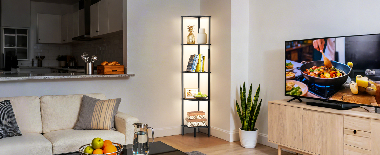 LED торшер з полицею, 3 режими світла, димування (сенсор/пульт), кутова полиця 5 рівнів, вузька книжкова шафа для вітальні, спальні, офісу, чорний