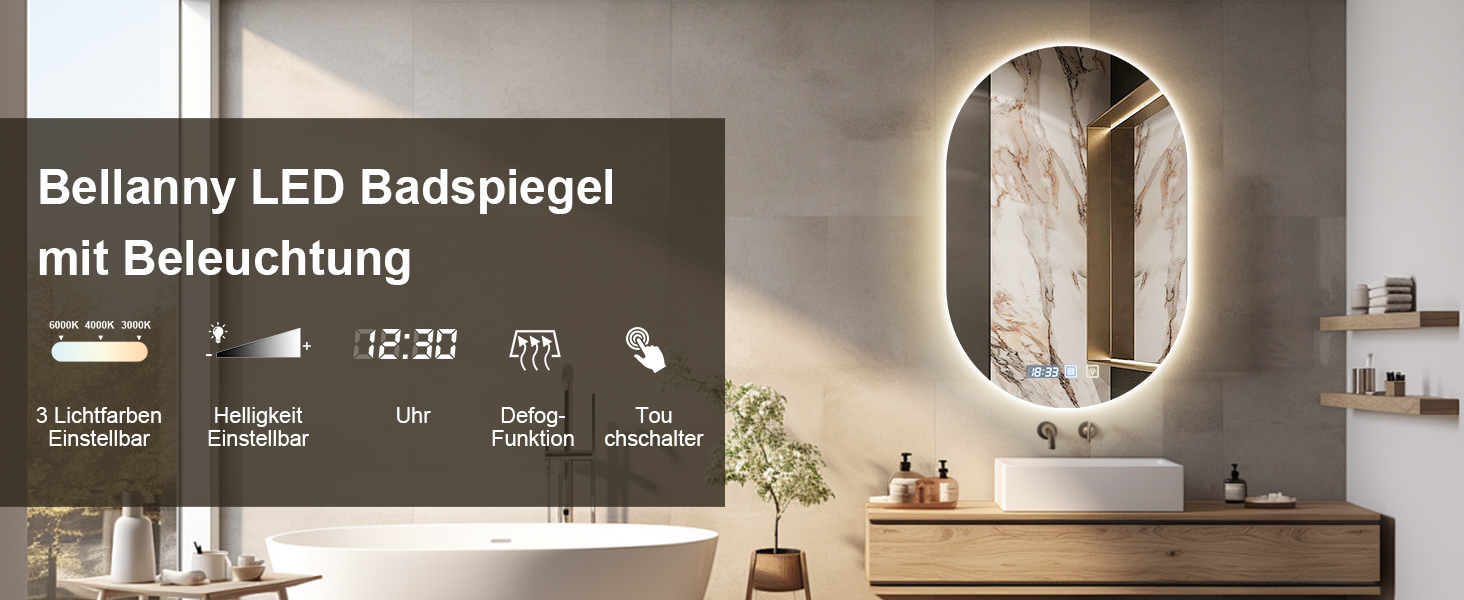 Дзеркало LED Bellanny з підсвічуванням 60см | Настінне дзеркало для ванної кімнати, косметичне дзеркало | Дзеркало для макіяжу з сенсорним вимикачем, 3 кольори світла, регулювання яскравості, антизапарювання, IP44, горизонтальне/вертикальне (прямокутне - 75*50см)