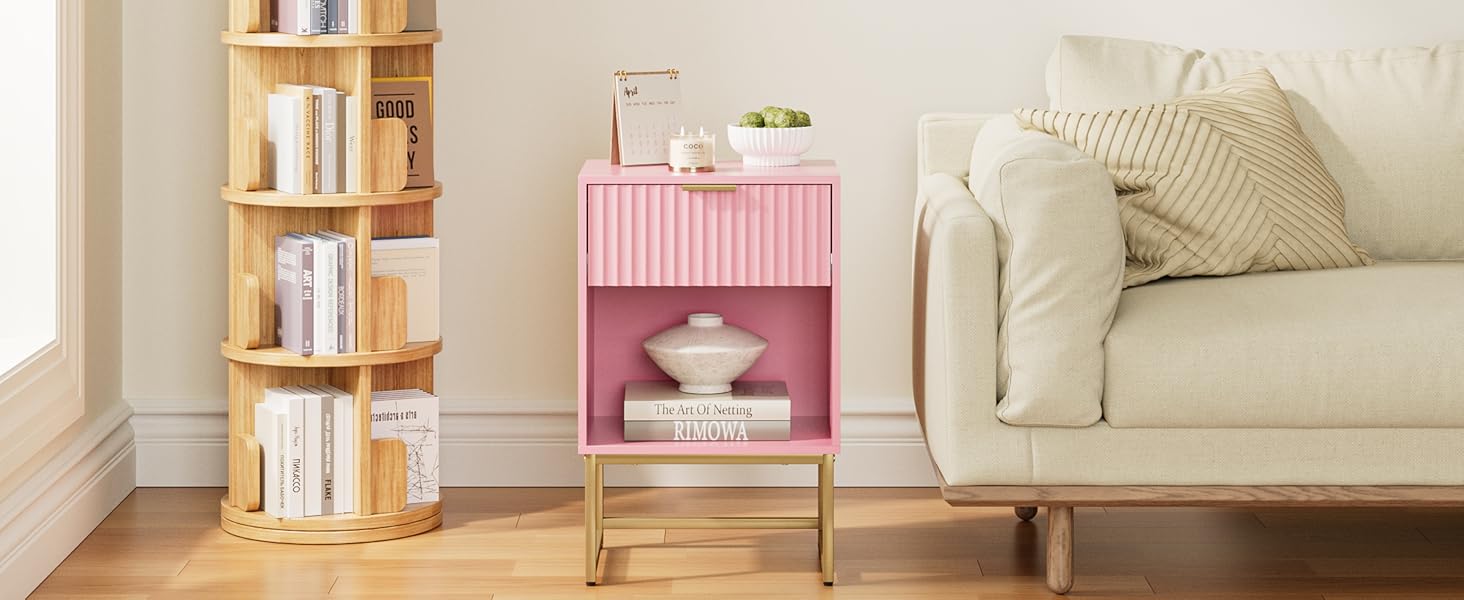 Приліжкова тумбочка з відкритим відсіком, журнальний столик для вітальні та спальні (горіх), 40 x 30 x 60 см, рожеве фетрове покриття