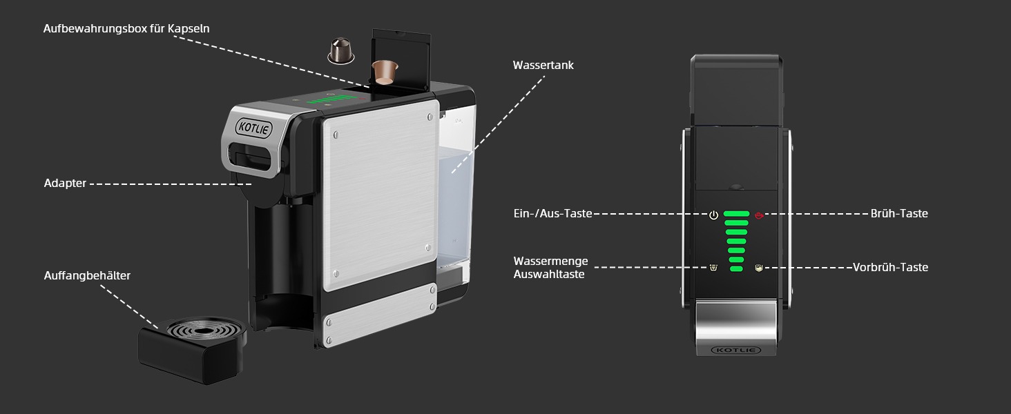 Кавомашина KOTLIE ST-550 Multi-Kapsel: 4-в-1 для Nes Original, Dolce Gusto, Mio та з меленої кави, 19 Bar, 7 рівнів