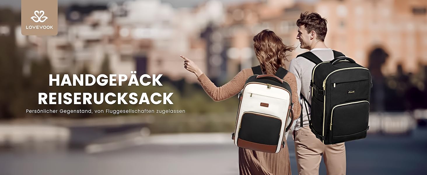 LOVEVOOK Рюкзак ручної поклажі, 17.3 дюйми, 40L, для подорожей та бізнесу, водонепроникний, для жінок, 45x30x20см, 4 кольори (Teegrün, Beige, Schwarz, Braun)