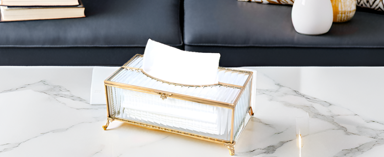 Скляна коробочка для серветок SLHEQING Gold - прямокутна, для ванної, вітальні, спальні, офісу