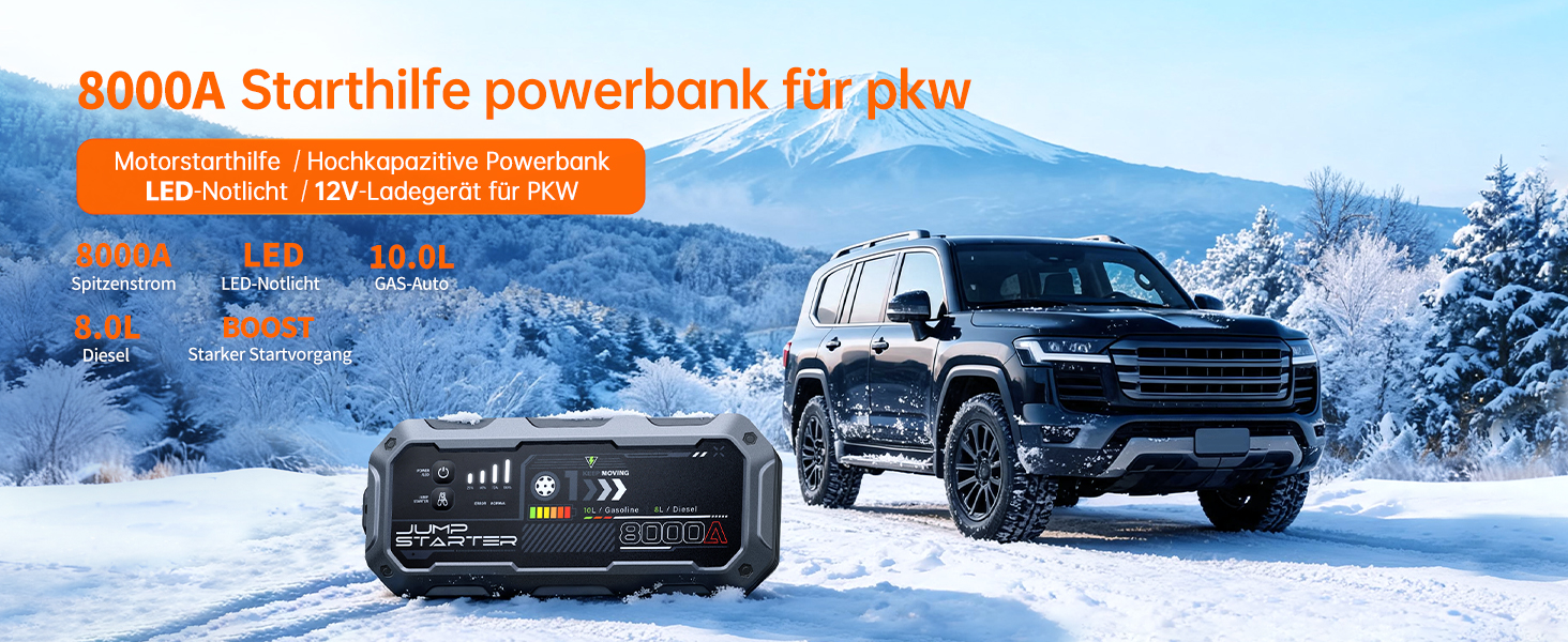 Бустер для автомобіля 8000A Powerbank Jump Starter для дизельних двигунів до 12л та бензинових до 10л