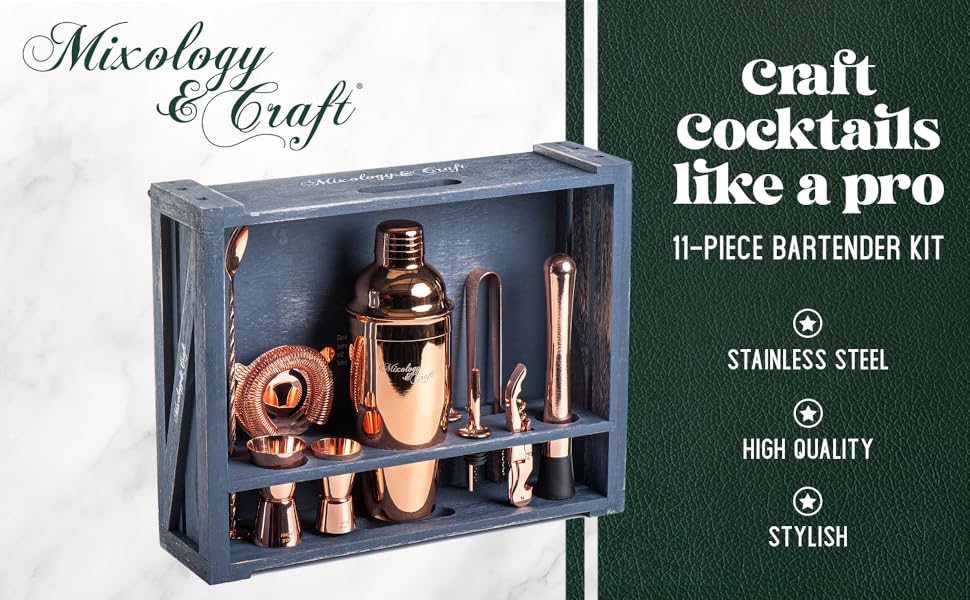 Набір для приготування коктейлів Mixology & Craft Cocktail Shaker Set 11-tlg. з нержавіючої сталі з барним аксесуаром - сріблястий, коричневий, дерево