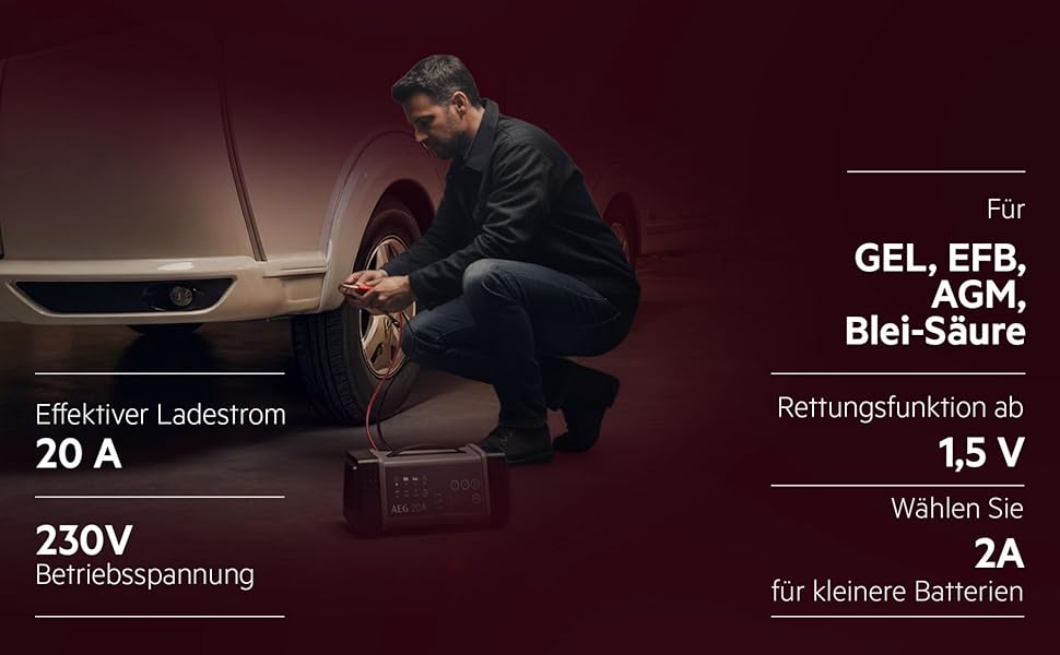 Зарядний пристрій акумуляторів AEG LT 20, 20A для 12/24V авто, 9-ступінчатий, з інтелектуальною функцією заряджання та автоматичним вирівнюванням температури, чорний/сірий