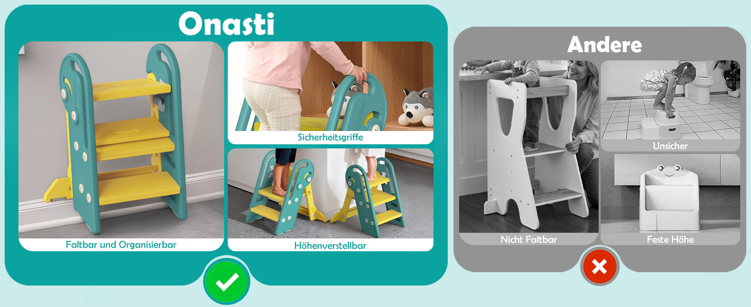 Дитячий підсвічник Onasti Tritthocker Kinder: регульована висота, 3 сходинки, з ручками, складний, анти-кіп та анти-ковзний, для кухні, ванної, раковини та туалету (сірий) сіро-білий (зелений)