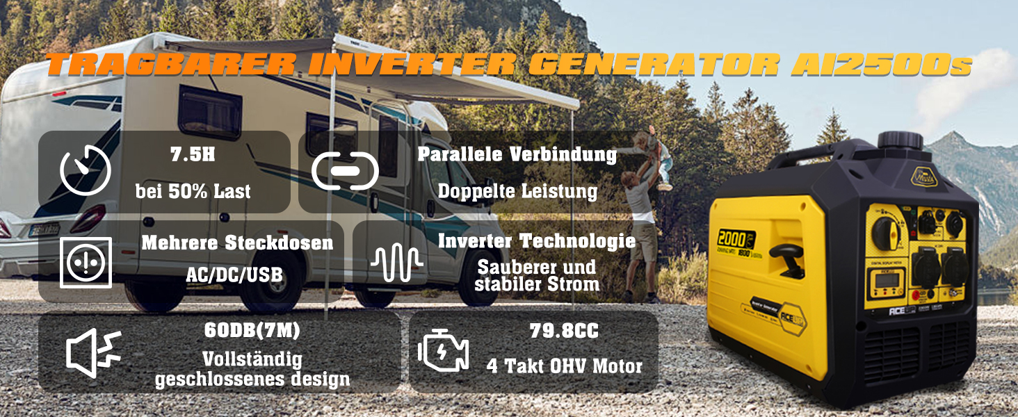 Інверторний генератор Aceup 3400W: бензиновий, 230V/12V, USB, цифровий дисплей, для дому, кемпінгу, 4-тактний, 23кг