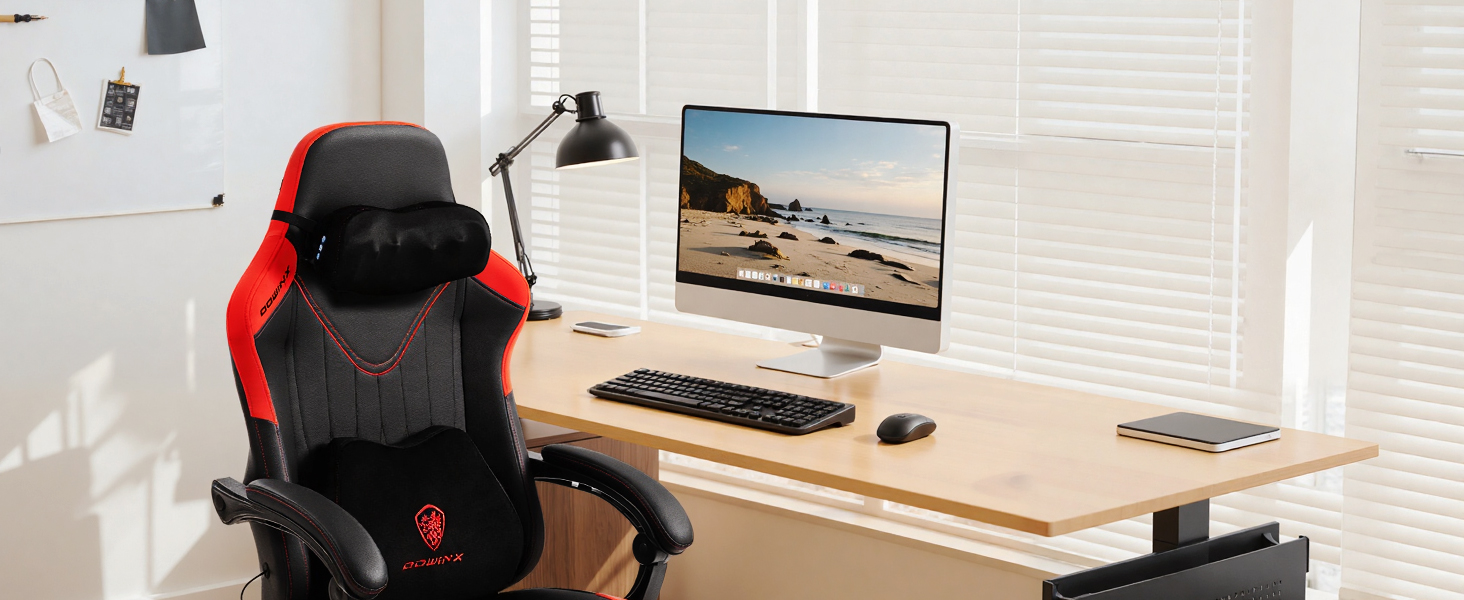 Ігровий крісло Dowinx з масажем, ергономічний дизайн, підтримка попереку та шиї, до 135 кг, шкіра, чорний (червоний)