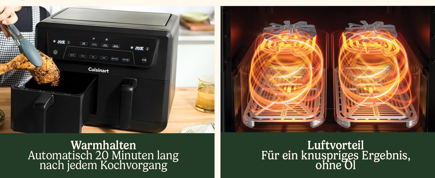 Фритюрниця Cuisinart XXL 10.4L з двома зонами, без PFAS та хімікатів. Брати, смажити, запікати, дегідратувати та підтримувати тепло. 2 камери (2 x 5.2L), 8+ порцій. Деталі придатні для миття в посудомийній машині. Чорний колір.