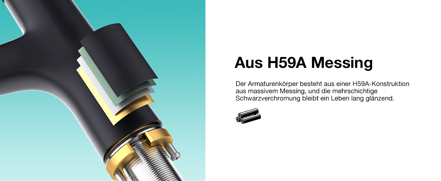 Сучасний змішувач для ванної кімнати CREA з висувною лійкою, 2 режими струменя, одноlever, з міді з хромовим покриттям (чорний)