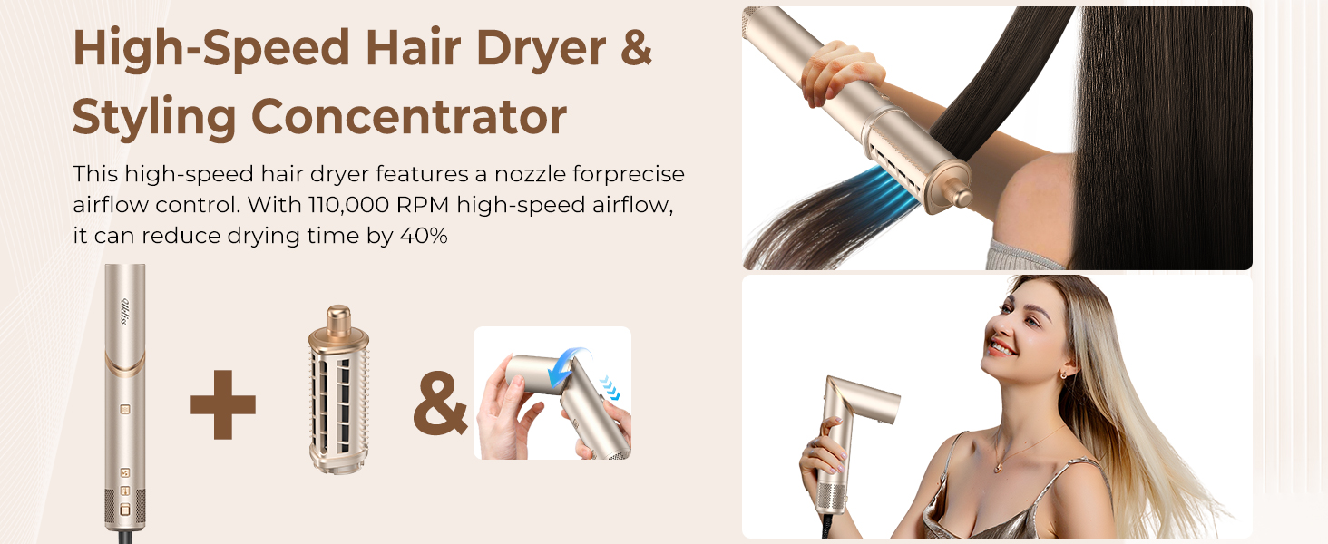UKLISS Hairstyler Airstyler 8-в-1: Фен-щітка, випрямляч, плойка, насадки для об'єму та іонізація - Швидке сушіння для всіх типів волосся, колір шампань
