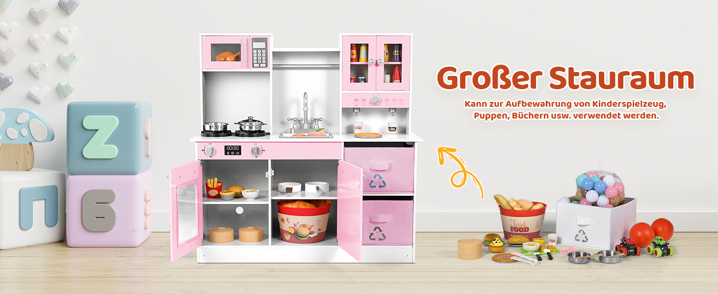 Дерев'яна дитяча кухня MAMIZO з підсвічуванням та звуком, іграшкова кухня для дітей, 90x30x90 см, з аксесуарами та 2 ящиками, іграшка для дітей від 3 років (Рожева)