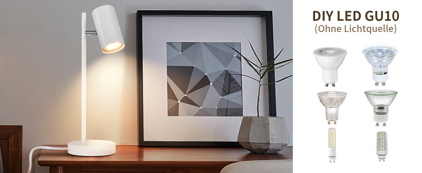 Настільна лампа для вітальні, спальні та офісу: поворотна 350°, цоколь GU10, металева, з вимикачем, білий (2 шт.)