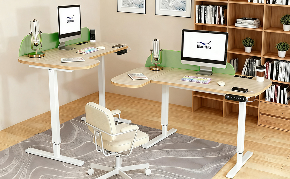 Електричний кутовий стіл з регулюванням висоти 150 см, L-подібний, з 4-ма пам'ятями, з'єднувальною панеллю, для дому та офісу (150x68 см, світло-коричневий/зелений)