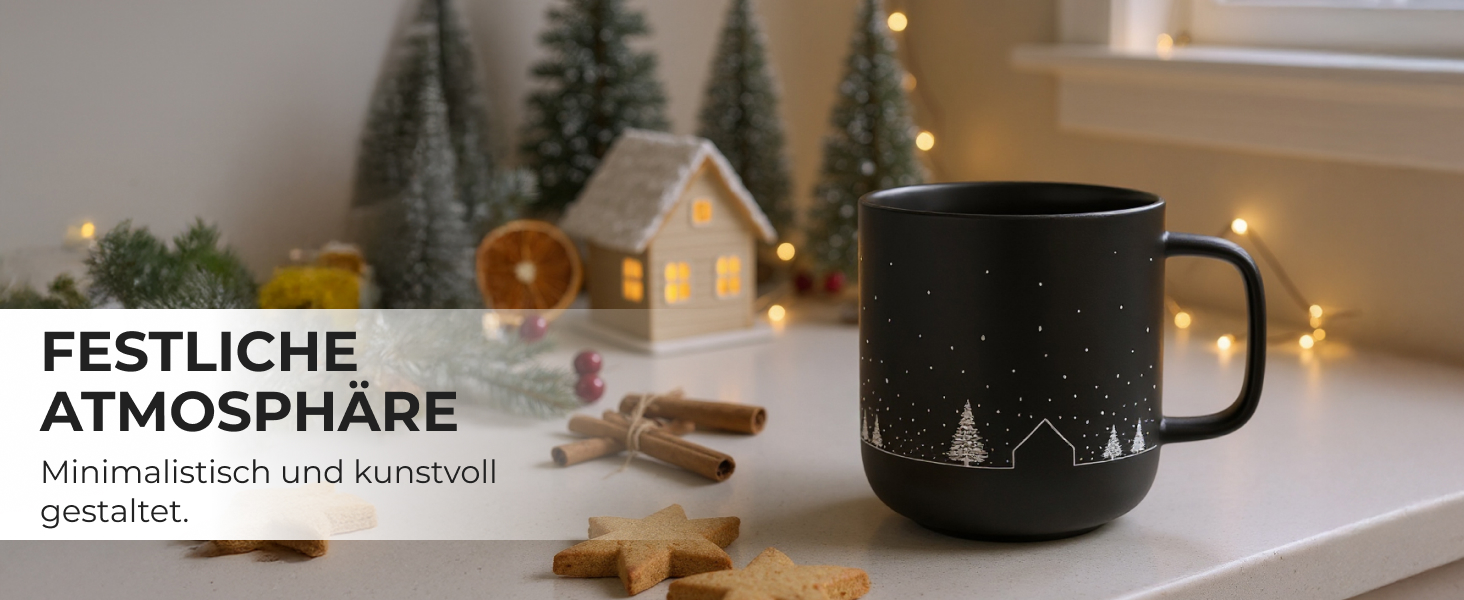 Набір чашок Miamio на Новий Рік, 4 шт, 500 мл (чорні) / Кавові чашки для святкування, мінімалістичний зимовий дизайн, подарунок на Новий Рік, безпечні для миття в посудомийній машині та використання в мікрохвильовій печі – Зимова колекція