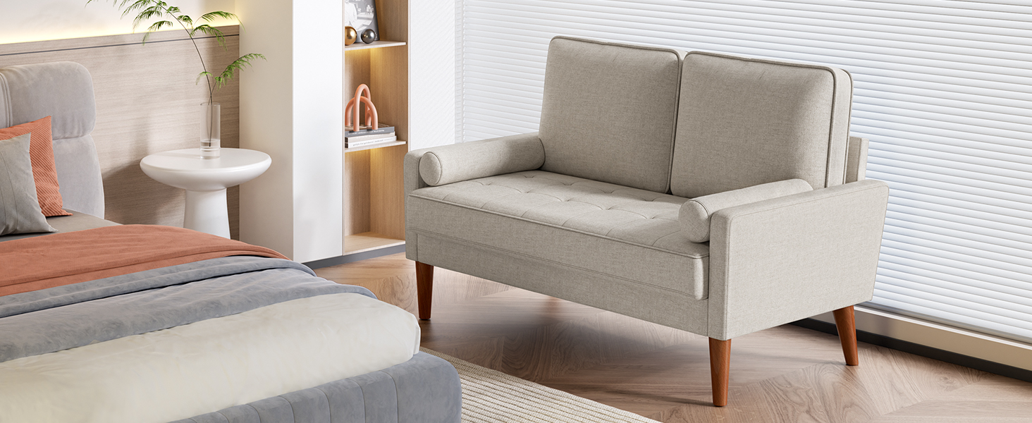 Диван Vesgantti 2-місний, 121 см, сучасний дизайн, з 2 подушками, для вітальні/квартири/офісу, тканина льон, колір пісочний