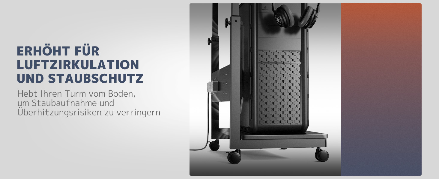 Підставка для ПК з регулюванням висоти PUTORSEN, 2 рівні, з роликами та підкладкою для миші, чорний Full-Tower (до 40 кг/рівень)