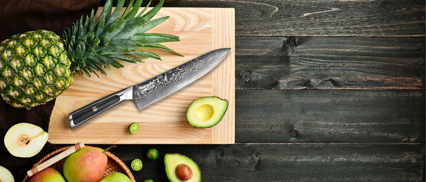 Набір ножів Sunnecko 6 предметів з блоком: кухонні ножі з дамаської сталі, ергономічні ручки, кухонні ножиці, тримач для ножів, дерев'яний блок